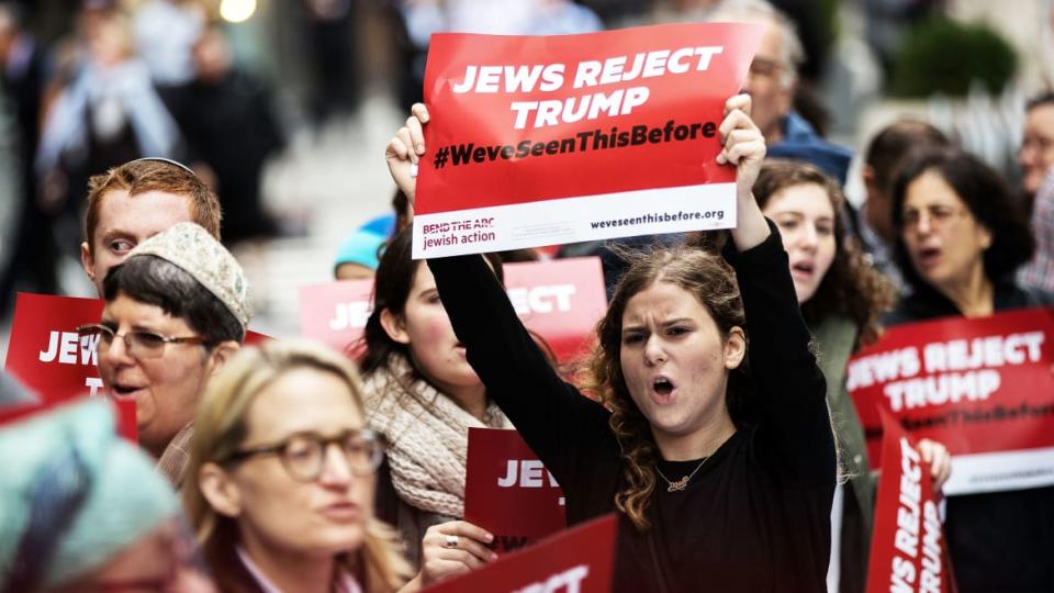 <div class="inline-image__caption"><p>Protestors and members of a Jewish social action group rally against what they call hateful and violent rhetoric from Republican presidential candidate Donald Trump, outside of Trump Tower on Fifth Avenue, September 29, 2016 in New York City.</p></div> <div class="inline-image__credit">Drew Angerer/Getty</div>