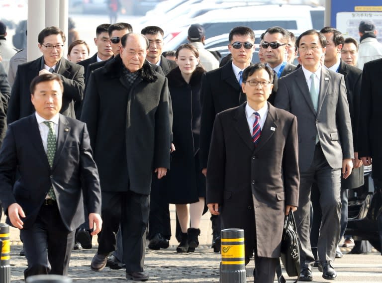 Kim Yo Jong (C) is part of a high-level diplomatic delegation led by the North's ceremonial head of state Kim Yong Nam (2nd L)