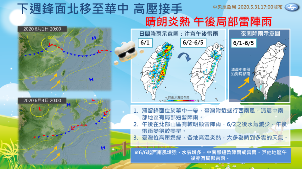 氣象局預測，本週天氣炎熱，須提防午後局部雷陣雨。（圖／翻攝自中央氣象局）