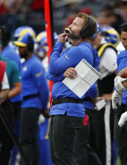 Rams head coach Sean McVay stares at the scoreboard after a failed fourth-down play against the 49ers.