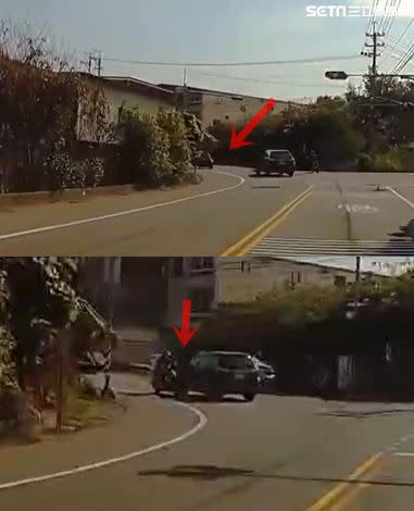 黑色轎車衝進對向擊落一名機車外送員，之後拉回到原來車道又險撞上另一部車。(圖/翻攝畫面)