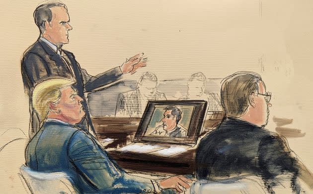 In an Oct. 25 courtroom sketch from former President Donald Trump's business fraud trial in Manhattan, Trump is seated at the defense table as former personal attorney Michael Cohen's testimony is shown on a computer screen while Trump's attorney Christopher Kise stands to respond to an objection.