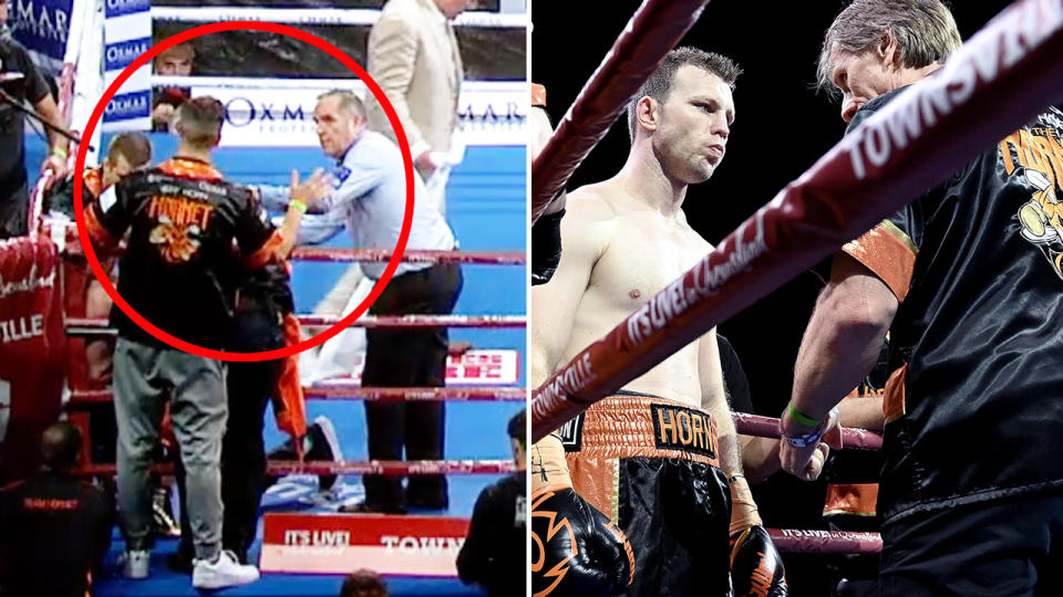 Jeff Horn's cornerman Adam Copland, pictured here calling off the fight.