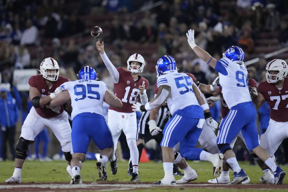 Stanford quarterback Tanner McKee (18) throws a pass against BYU during the first half of an NCAA college football game in Stanford, Calif., Saturday, Nov. 26, 2022. | Godofredo A. Vásquez, Associated Press