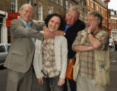 Comedian Jeremy Dyson (2nd left), from TV's The League of Gentleman, with 70's comedy stars The Goodies (L-R) Graeme Garden, Tim Brooke-Taylor and Bill Oddie outside The Prince Charles Cinema in Leicester Place, central London. *... for the video and DVD launch of 'The Goodies...At Last'. Dyson is the chair of a Q & A with The Goodies during the launch. (Photo by Yui Mok - PA Images/PA Images via Getty Images)