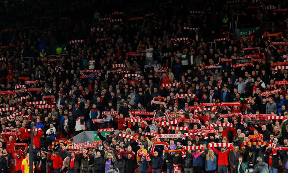 <span>The Kop featured no flags for Thursday night’s Europa League quarter-final first leg in protest at the increase in ticket prices.</span><span>Photograph: Tom Jenkins/The Guardian</span>