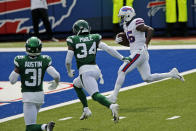 Buffalo Bills wide receiver John Brown, right, scores after taking a pass from quarterback Josh Allen during the first half of an NFL football game against the New York Jets in Orchard Park, N.Y., Sunday, Sept. 13, 2020. (AP Photo/Jeffrey T. Barnes)