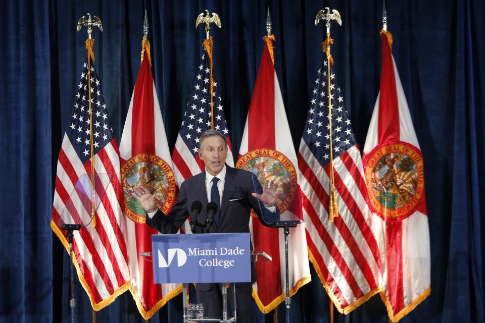 Former Starbucks CEO Howard Schultz gives a speech at Miami Dade College in Miami, Wednesday, March 13, 2019. (AP Photo/Ellis Rua)