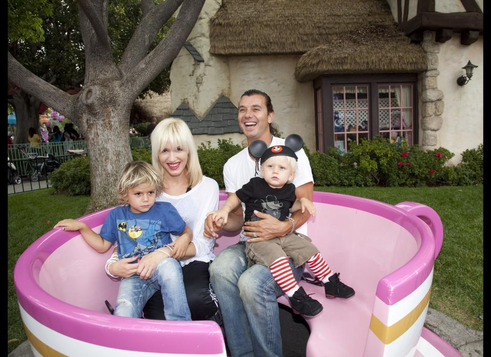 Gwen Stefani and Gavin Rossdale, with their children, Kingston, 4, and Zuma, 1, visit the Mad Tea Party attraction at Disneyland on July 7, 2010 in Anaheim, California.    (Photo by Paul Hiffmeyer/Disneyland via Getty Images)