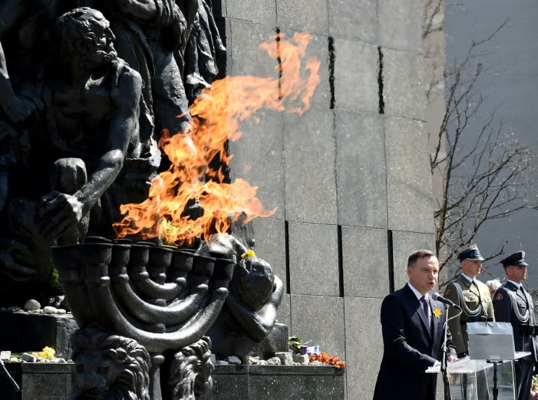 Polish President Andrzej Duda delivers a speech during an official ceremony at the Ghetto Heroes Monument in Warsaw to mark the 75th anniversary of the Warsaw Ghetto uprising