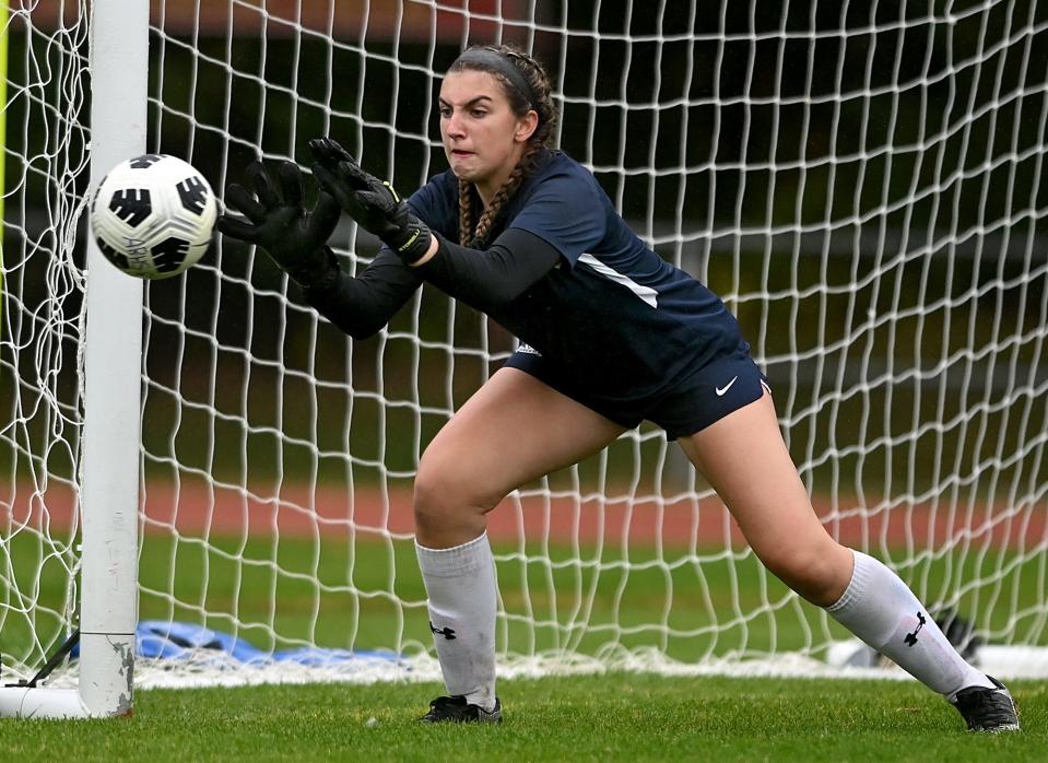 Westborough keeper Yael Bugaev makes a save during first half against Algonquin at Algonquin Regional High School in Northborough, Oct. 13, 2022.
