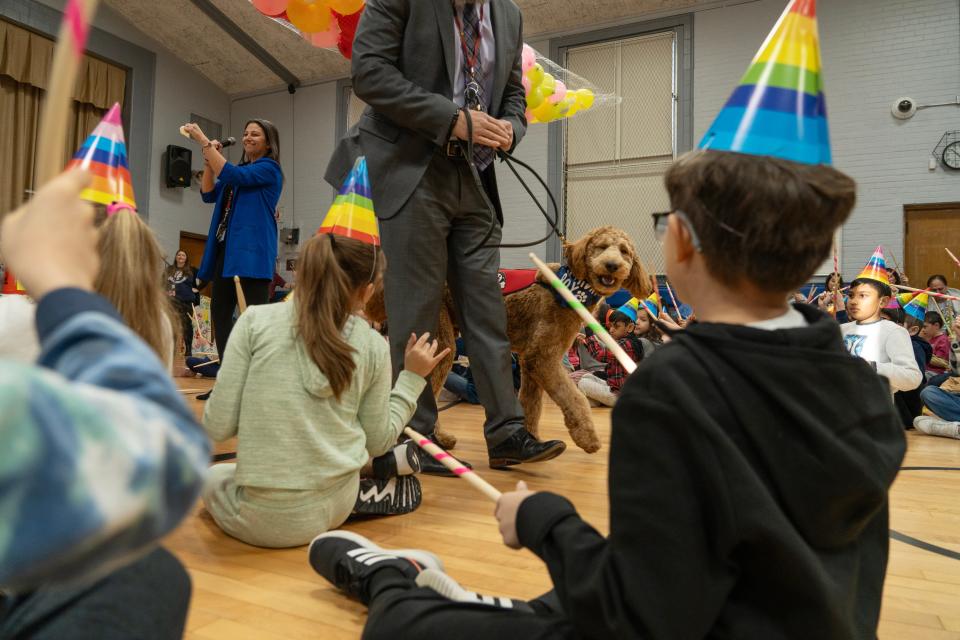 Clifton school district therapy dog, Chewie, celebrates his one year birthday at School 9 in Clifton, NJ on Monday Jan. 22, 2024. Mark Gengaro, assistant superintendent, paraded Chewie around the gymnasium for his celebration.