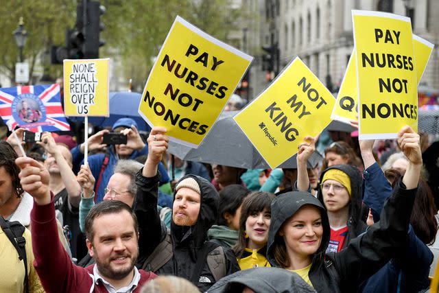 Chris J Ratcliffe/Getty Republic protestors at King Charles' coronation on May 6, 2023