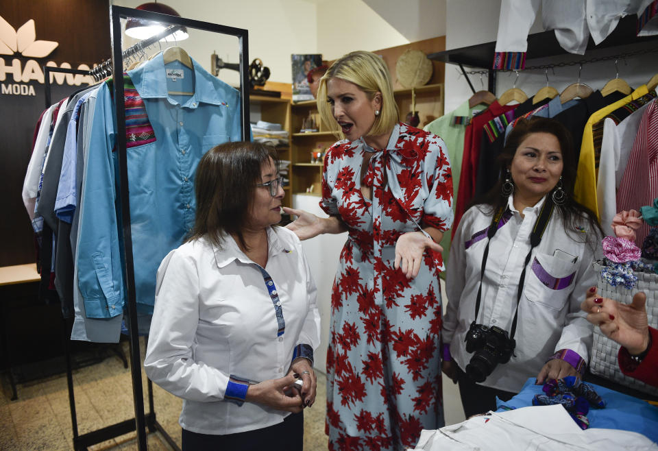 Ivanka Trump, President Donald Trump's daughter and White House adviser, talks with Etelvina Acevedo, left, owner of the "Today Pachama" clothing brand, as she visits Jujuy, Argentina, Thursday, Sept. 5, 2019. Ivanka Trump is on the second stop of her South America trip aimed at promoting women's empowerment. (AP Photo/Gustavo Garello)