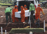 Workers in protective suits carry a coffin containing the body of someone who presumably died of COVID-19 during a burial at a special cemetery for the new coronavirus victims in Jakarta, Indonesia Friday, June 12, 2020. As Indonesia’s virus death toll rises, the world’s most populous Muslim country finds itself at odds with protocols put in place by the government to handle the bodies of victims of the pandemic. This has led to increasing incidents of bodies being taken from hospitals, rejection of COVID-19 health and safety procedures, and what some experts say is a lack of communication from the government. (AP Photo/Achmad Ibrahim)