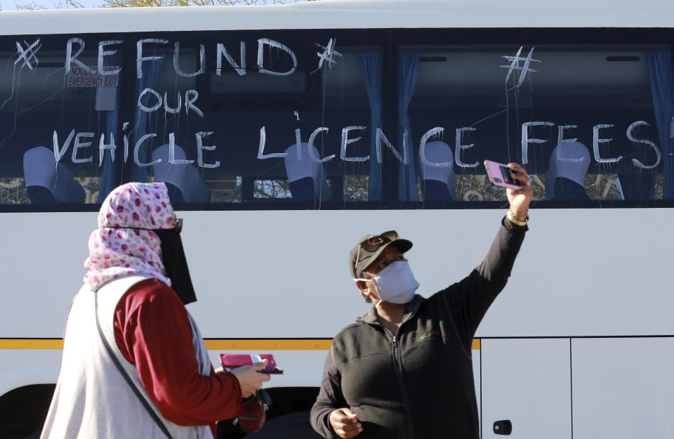 Tour operators take part in a protest in Cape Town, South Africa, Friday July 31, 2020. Various tourism operators staged a slow drive protest as they struggle to make ends meet under the COVID-19 lockdown regulations. (Photo/Nardus Engelbrecht)