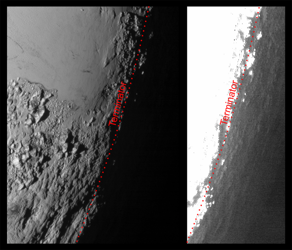 An image of Pluto processed in two ways to highlight its haze. NASA says the image "shows how Plutoâs bright, high-altitude atmospheric haze produces a twilight that softly illuminates the surface before sunrise and after sunset, allowing the sensitive cameras on New Horizons to see details in nighttime regions that would otherwise be invisible."