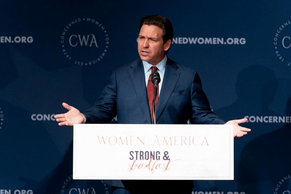 PHOTO: Former Republican presidential candidate and Florida Gov. Ron DeSantis speaks at a Concerned Women for America Summit at the Capitol Hilton, Sept. 15, 2023, in Washington. (Andrew Harnik/AP, FILE)