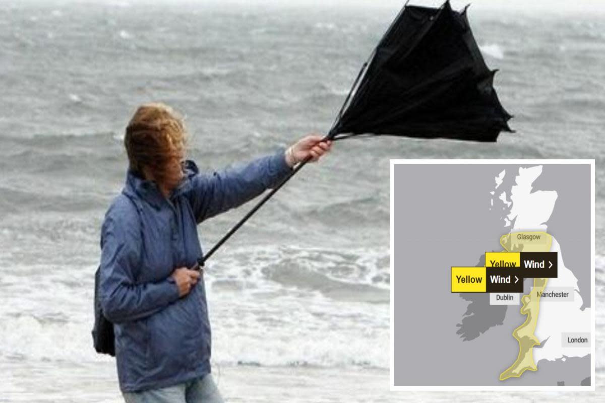 The Met Office has issued a yellow weather warning for 70mph winds in Cornwall on Saturday <i>(Image: Inset: Stock \ Met Office)</i>