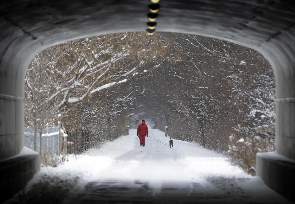 Naoom Haimson walks his dog, Molly, on the snow covered Monon Trail in Carmel, Ind., Thursday, Jan. 2, 2014. Over 5 inches of snow fell in Central Indiana. (AP Photo/Michael Conroy)