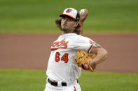 Baltimore Orioles starting pitcher Dean Kremer throws a pitch to the Tampa Bay Rays during the first inning of a baseball game, Thursday, Sept. 17, 2020, in Baltimore. (AP Photo/Julio Cortez)