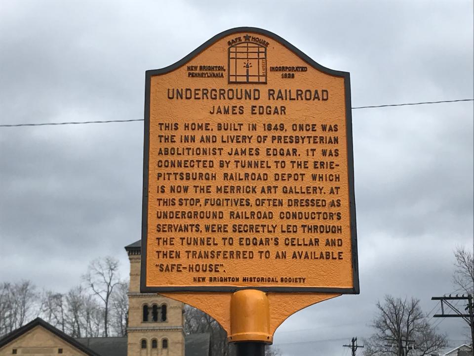 Historical marker for the James Edgar House, a stop on the Underground Railroad, across the street from Merrick Art Gallery.