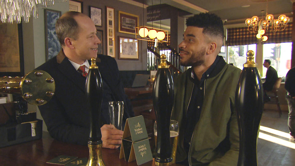 FROM ITV

STRICT EMBARGO
Print media - No Use Before Tuesday 31st January 2023
Online Media - No Use Before 0700hrs Tuesday 31st January 2023

Emmerdale - Ep 9594

Monday 6th February 2023

Greg [DANIEL BETTS] approaches and offers to buy Nate Robinson [JURELL CARTER] a drink - the plan is finally in motion. With his phone recording, Nate is shyly standing by the bar with Greg as they flirt. Will the plan to honeytrap Greg work?

Picture contact - David.crook@itv.com

This photograph is (C) ITV Plc and can only be reproduced for editorial purposes directly in connection with the programme or event mentioned above, or ITV plc. Once made available by ITV plc Picture Desk, this photograph can be reproduced once only up until the transmission [TX] date and no reproduction fee will be charged. Any subsequent usage may incur a fee. This photograph must not be manipulated [excluding basic cropping] in a manner which alters the visual appearance of the person photographed deemed detrimental or inappropriate by ITV plc Picture Desk. This photograph must not be syndicated to any other company, publication or website, or permanently archived, without the express written permission of ITV Picture Desk. Full Terms and conditions are available on  www.itv.com/presscentre/itvpictures/terms
 