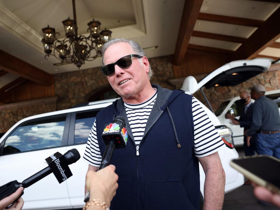 David Zaslav is interviewed by reporters at Sun Valley