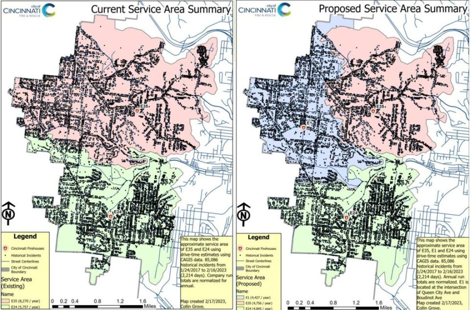 A comparison of the current service areas of Engine 35 and Engine 24 to the map that would be used if a new fire station were added to the area.
