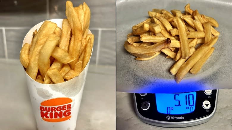 Burger King fries in container next to fries on food scale