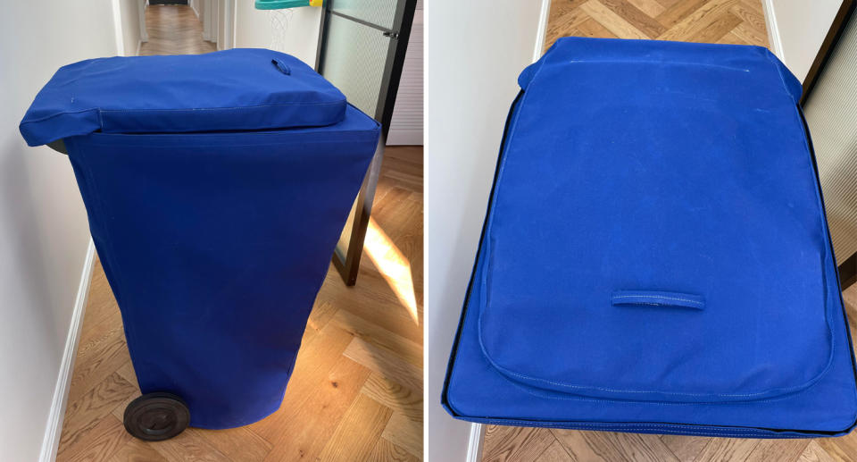 A prototype for the Luxe Bins, left shows the bin from an angle and right shows the bin cover from above. 