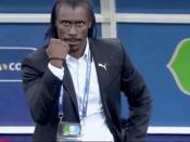 <p>Senegal manager Aliou Cissé celebrates his side’s second goal </p>