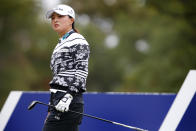 Jin Young Ko, of South Korea, reacts after hitting from the sixth tee during the final round of the Cognizant Founders Cup golf tournament Sunday, Oct. 10, 2021, in West Caldwell, N.J. (AP Photo/Noah K. Murray)