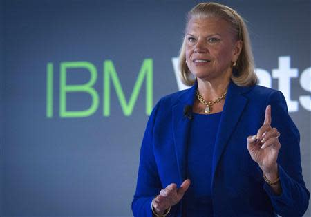 IBM Chairwoman and CEO Virginia "Ginni" Rometty speaks at an IBM Watson event in lower Manhattan, New York in this January 9, 2014, file photo. REUTERS/Brendan McDermid/Files