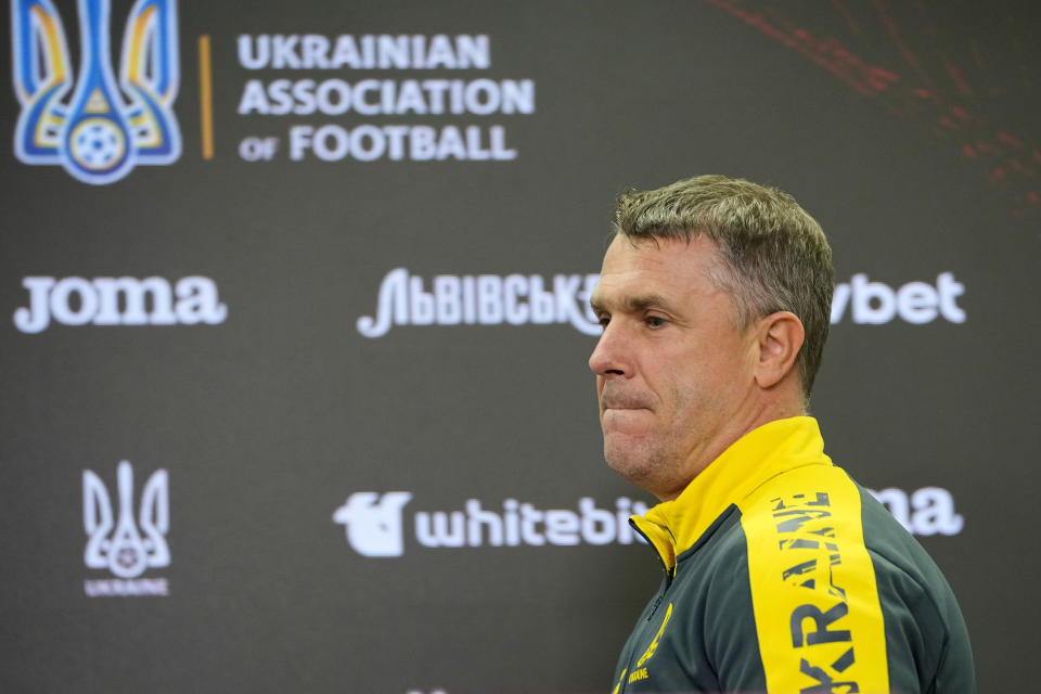 Ukraine's head coach Serhiy Rebrov arrives at a press conference ahead of the Euro 2024 group C qualifying soccer match between Ukraine and Italy at the BayArena in Leverkusen, Germany, Sunday, Nov. 19, 2023. (AP Photo/Martin Meissner)