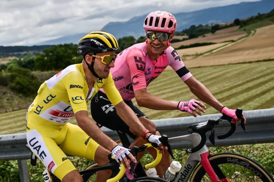 UAE Team Emirates British rider Adam Yates wearing the overall leaders yellow jersey L and EF Education  Easyposts Danish rider Magnus Cort Nielsen R cycle during the 2nd stage of the 110th edition of the Tour de France cycling race 2089 km between VitoriaGasteiz and San Sebastian in northern Spain on July 2 2023 Photo by Marco BERTORELLO  AFP Photo by MARCO BERTORELLOAFP via Getty Images