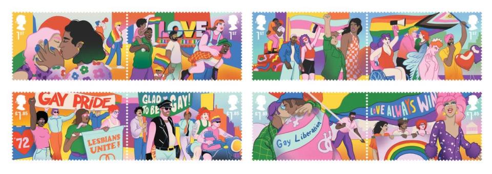 The set of eight new stamps being issued to mark the 50th anniversary of the UK’s first Pride rally (Royal Mail/PA) (PA Media)