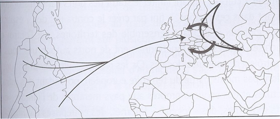 La route « Amérique du Sud-Europe de l’Est » pour livrer la cocaine en Europe de l’Ouest. Carte Pascale Perez dans Crime trafics et réseaux, ed. Ellipes, 2012, p. 61.