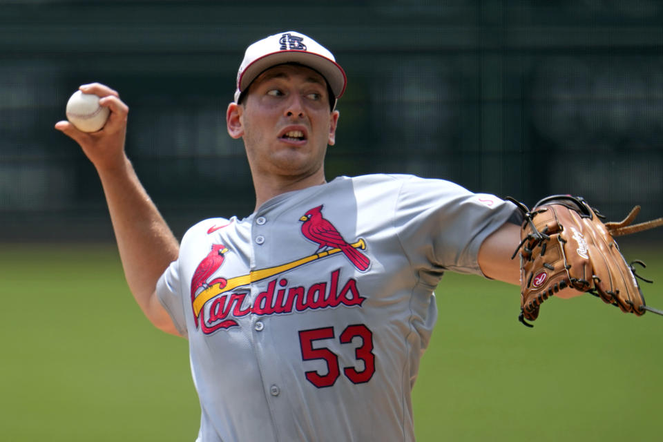 St. Louis Cardinals starting pitcher Andre Pallante delivers during the first inning of a baseball game against the Pittsburgh Pirates in Pittsburgh, Thursday, July 4, 2024. (AP Photo/Gene J. Puskar)