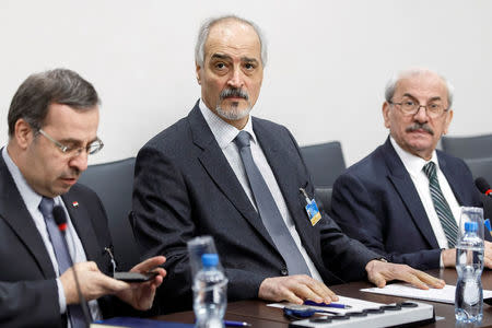 Bashar al-Jaafari (C), Syrian chief negotiator and Ambassador of the Permanent Representative Mission of the Syria to UN New York, sitting next to Houssam-Eddin Ala (L), ambassador of the Permanent Representative Mission of the Syria to Geneva, attends prior a round of negotiation with UN Special Envoy of the Secretary-General for Syria Staffan de Mistura (not pictured), during the Intra Syria talks, at the European headquarters of the United Nations in Geneva, Switzerland March 3, 2017. REUTERS/Salvatore Di Nolfi/Pool