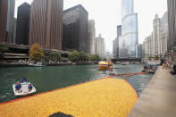 <p>Rubber ducks float down the Chicago River during the Windy City Rubber Ducky Derby on August 3, 2017 in Chicago, Illinois. (Photo: Scott Olson/Getty Images) </p>