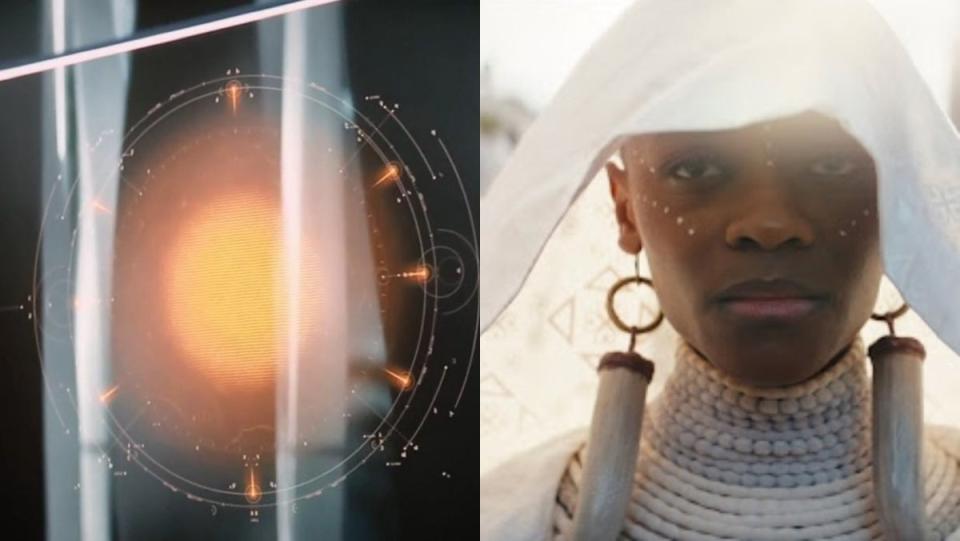 split image of Shuri's AI Griot and a photo of her wearing white