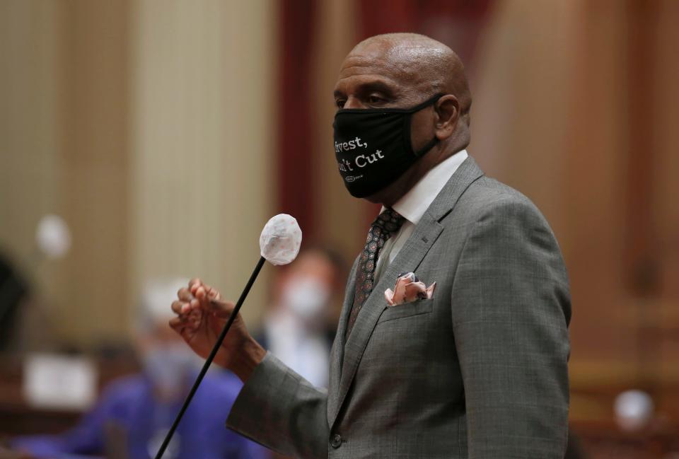 California State Sen. Steve Bradford, D-Gardena, urges lawmakers to approve a measure to place a proposed Constitutional amendment on the November ballot to overturn the ban on state affirmative action programs, at the Capitol in Sacramento last June. Voters in the state with decide on Nov. 3 whether Prop 16 overturns  1996's Prop 209.