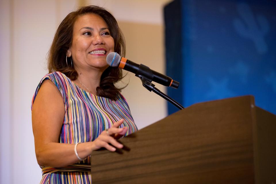Congresswoman Veronica Escobar speaks during the Lady Bird Breakfast at the Texas Democratic Party Convention in El Paso, Texas, at the Hotel Paso Del Norte on Saturday, June 8, 2024.