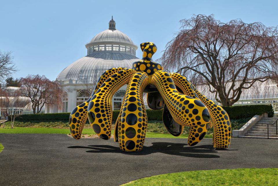 Kusama's Dancing Pumpkin in front of the Haupt Conservatory