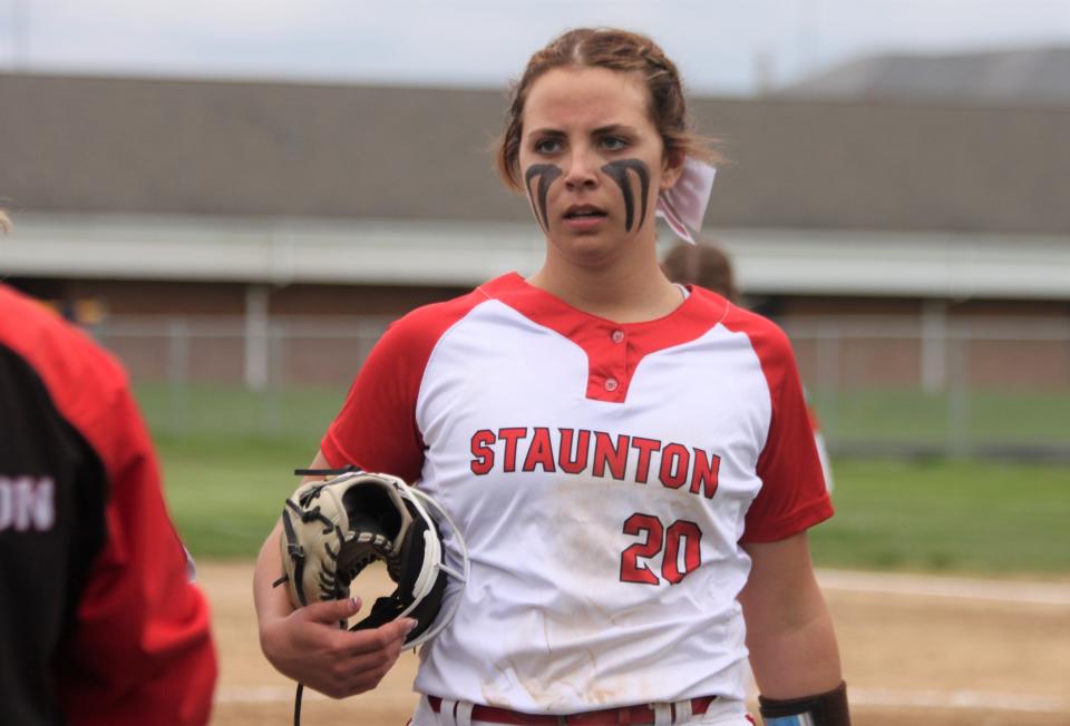 Staunton senior pitcher/shortstop Savannah Billings returns to the dugout during a South Central Conference softball game against Gillespie on Wednesday, May 4.