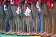 LONDON, ENGLAND - AUGUST 01: Spain womens water polo team line up for their match against USA on Day 5 of the London 2012 Olympics at Water Polo Arena on August 1, 2012 in London, England. (Photo by Jeff J Mitchell/Getty Images)