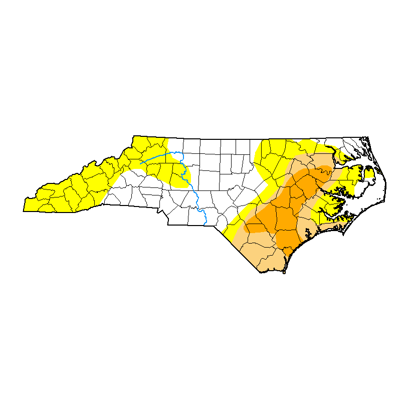 Almost all of Eastern North Carolina is in drought, according to the latest map from the U.S. Drought Monitor. Darker colors indicate more severe drought conditions.