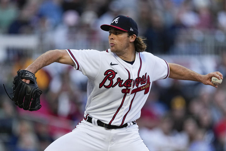 Atlanta Braves starting pitcher Dylan Dodd (46) throws in the first inning of a baseball game against the San Diego Padres, Sunday, April 9, 2023, in Atlanta. (AP Photo/John Bazemore)