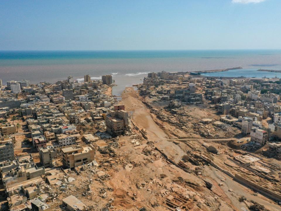 A photo of the ocean breaking into a street in Libya a week after devastating floods.